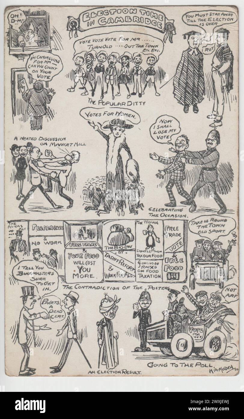 'Election time in Cambridge', 1910: series of cartoons of election scenes during the 1910 general election in Cambridge, including 'a heated discussion on Market Hill' (a fight), a suffragette declaring 'Votes for Women', free trade & tariff reform posters about food prices, early motor cars, students, canvassing and an arrest. The cartoons were sold as a postcard. Stock Photo