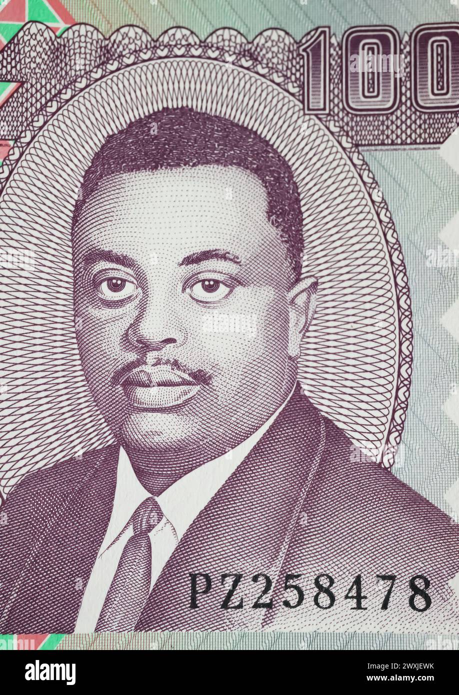 Portrait of Ganwa Prince Louis Rwagasore on Burundi 100 Franc currency ...