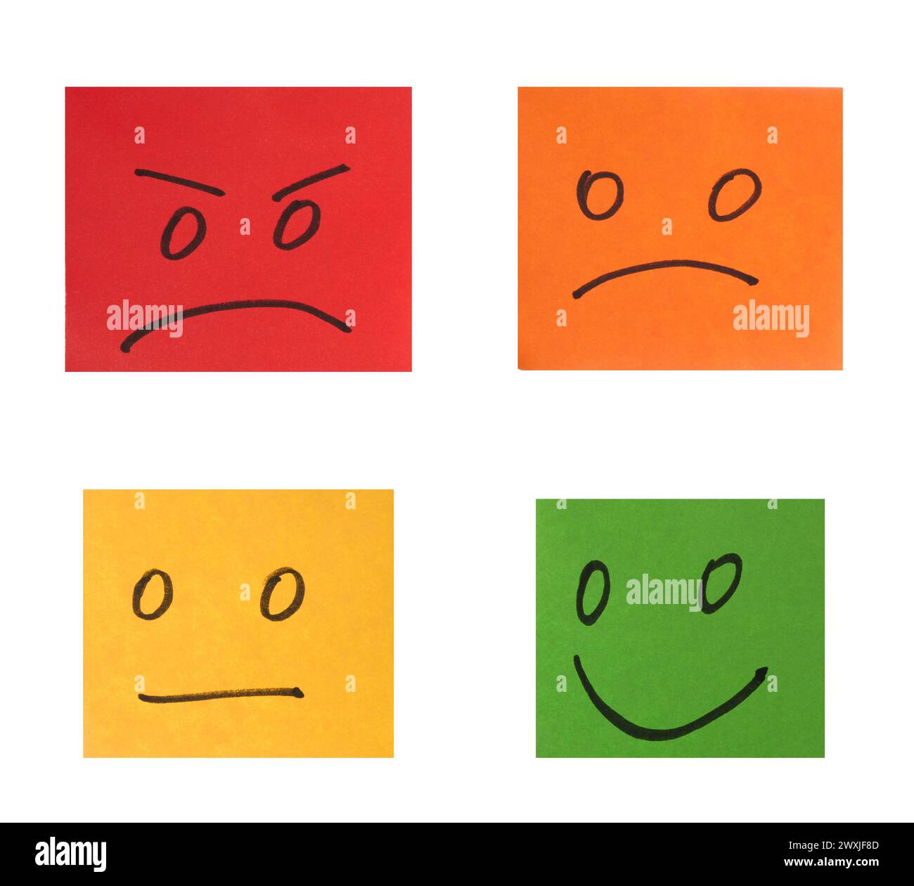 Multi-colored paper stickers with emotions on a white background, evaluation and rating Stock Photo