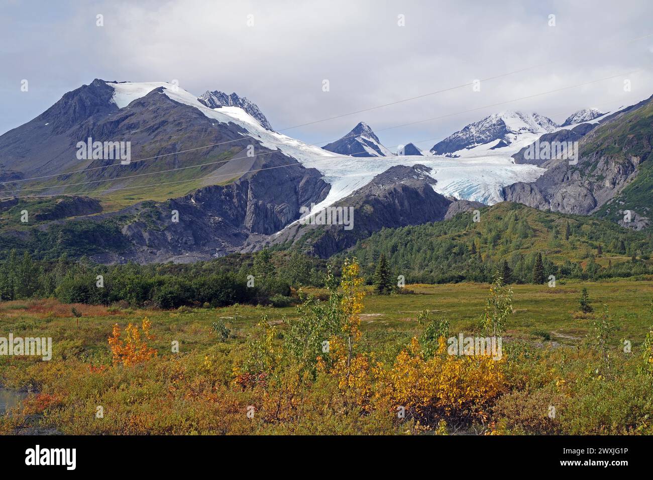 Autumn landscape and a glacier calving deep into the valley, Worthington Glacier, Chugach Mountains, Thompson Pass, Richardson Highway, Alaska, USA Stock Photo