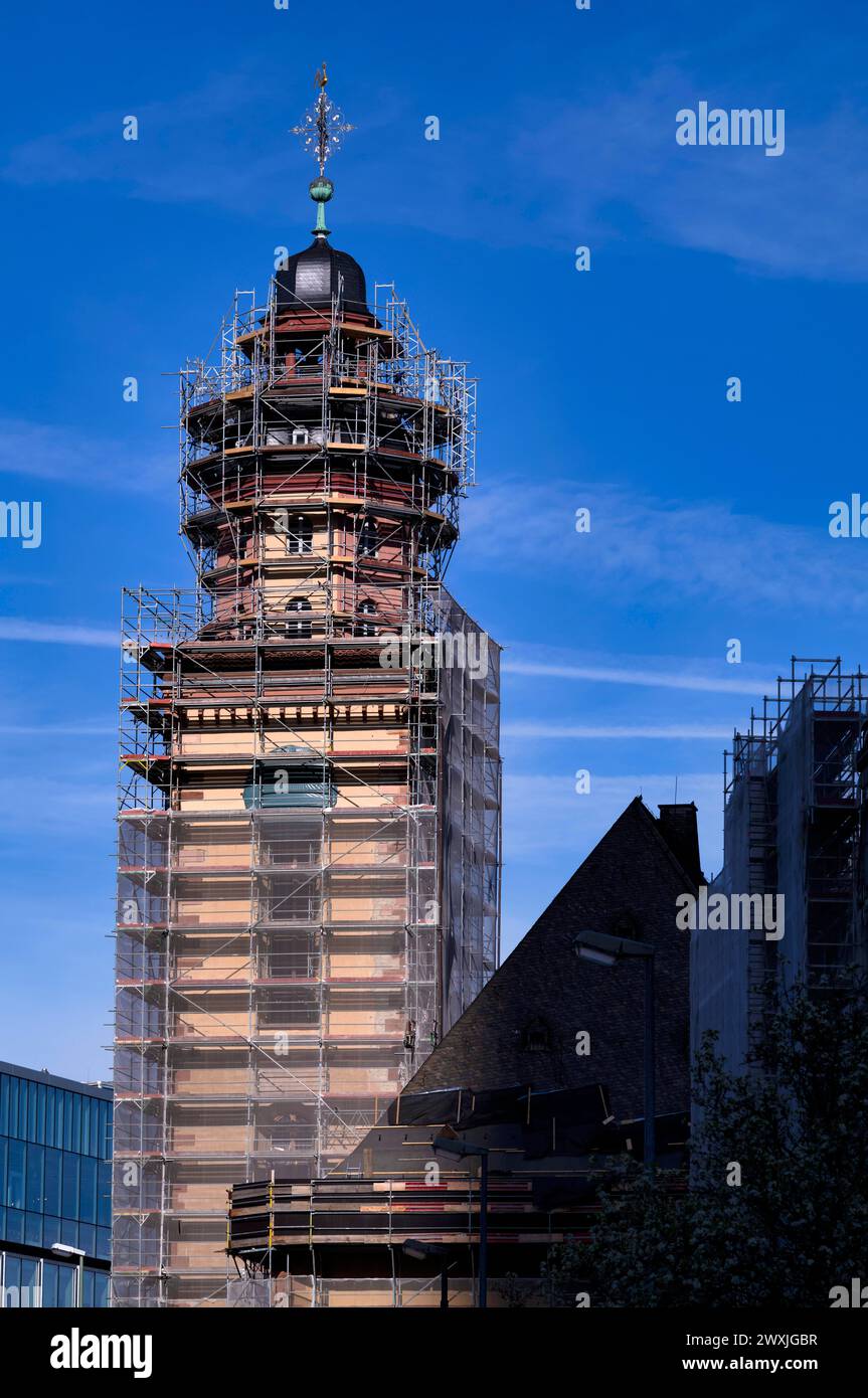 Renovation, restoration, construction site, church tower, scaffolding