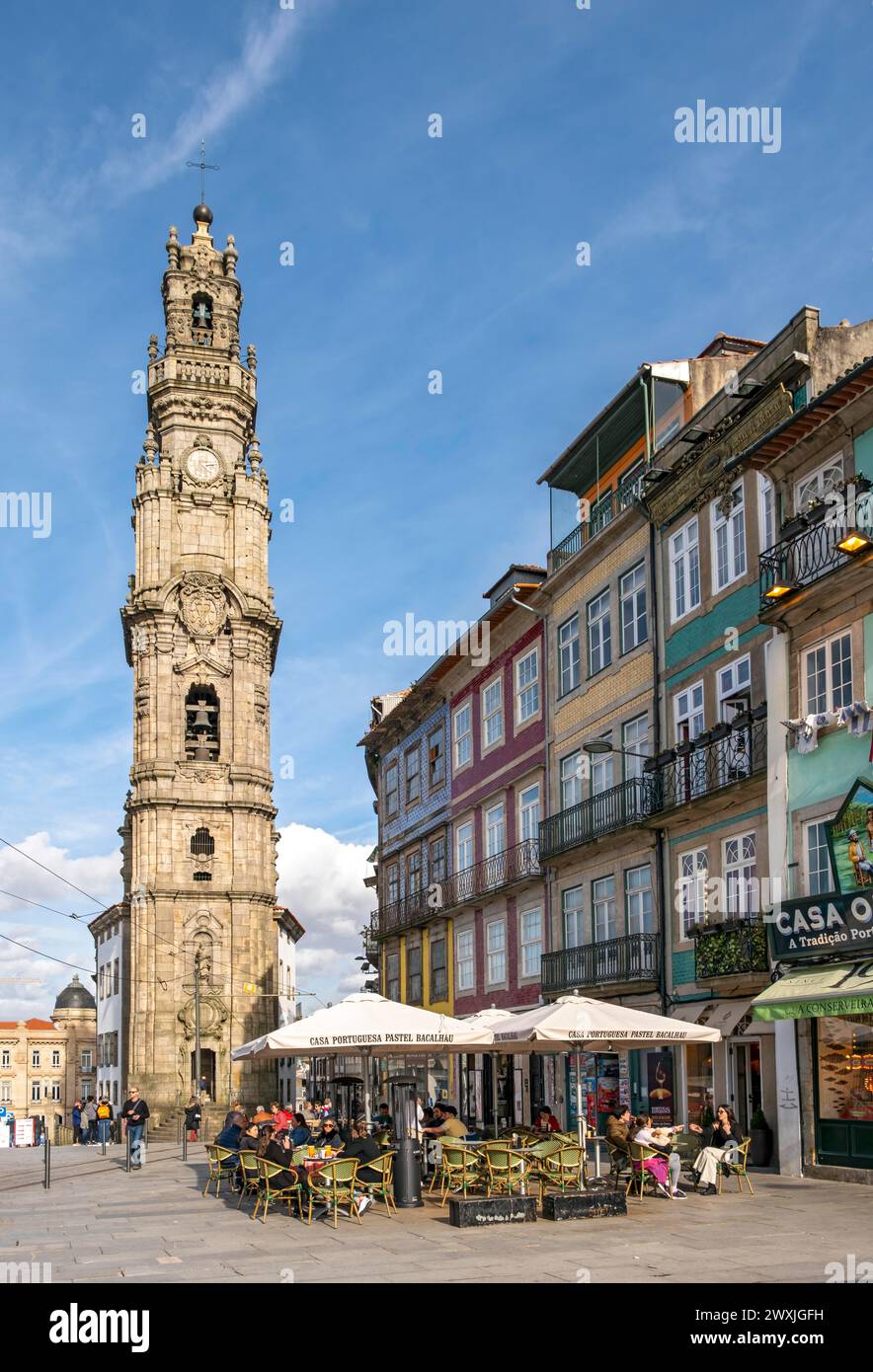 The Clerigos Church Tower stands tall over the surrounding square, Porto, Portugal Stock Photo
