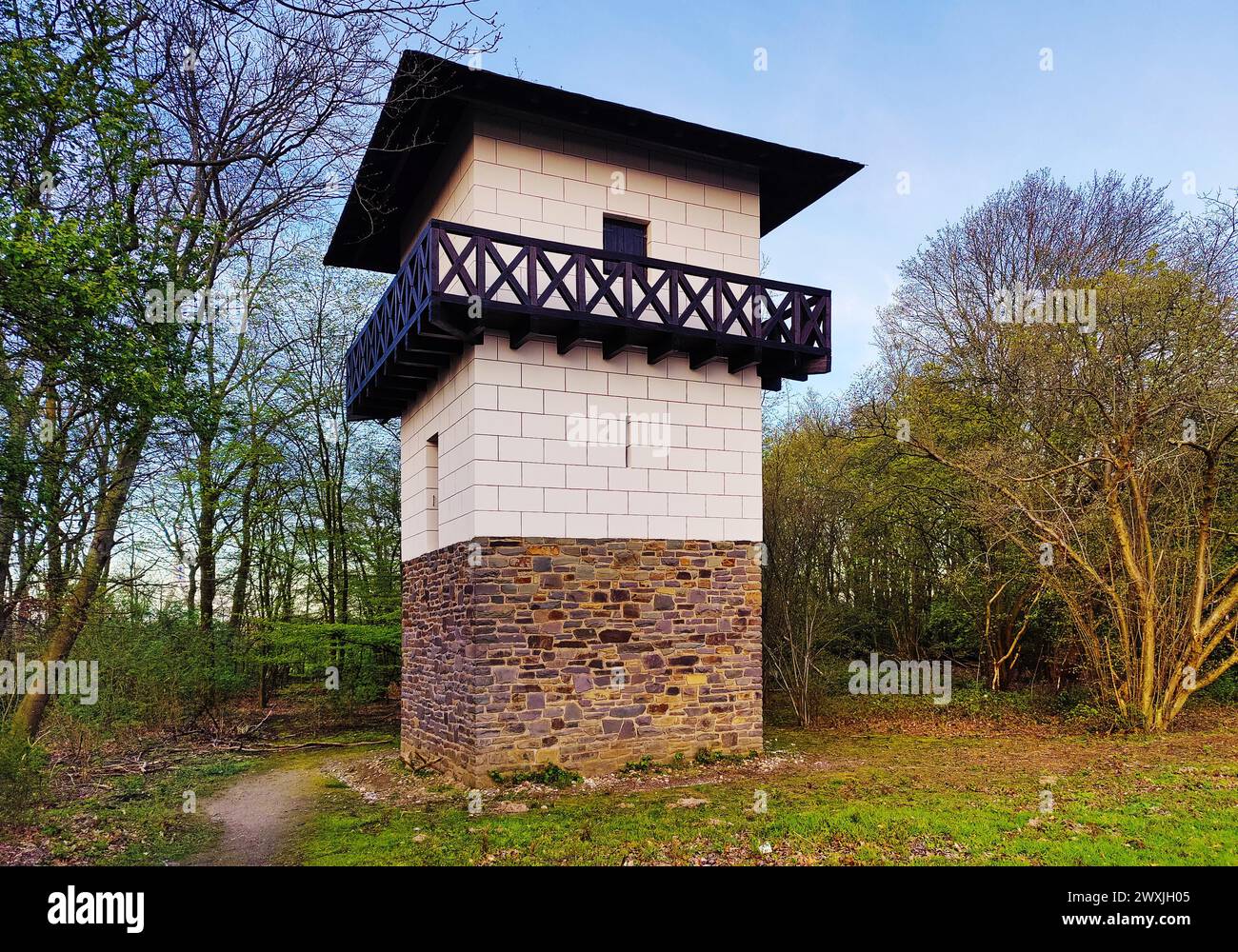 Reconstructed Roman watchtower on the Reckberg, Lower Germanic Limes, UNESCO World Heritage Site, Neuss, North Rhine-Westphalia, Germany Stock Photo