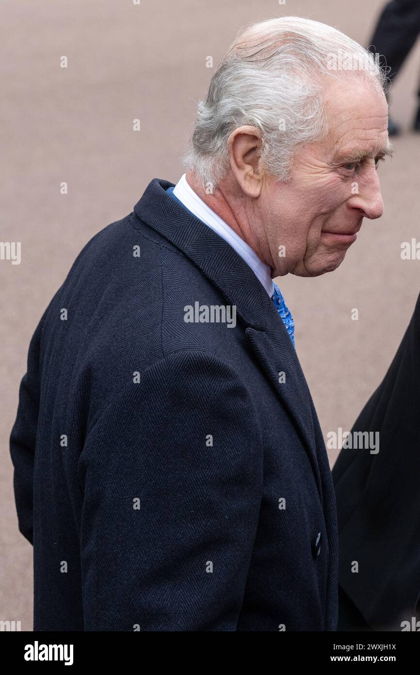 31/03/2024. Windsor, UK HRH Prince Charles III attends the Easter Sunday Service in St George’s Chapel at Windsor Castle. It was the first time King Charles III has made a public appearance since it was announced he has cancer and is undergoing treatment.  Photo credit: Ray Tang Stock Photo