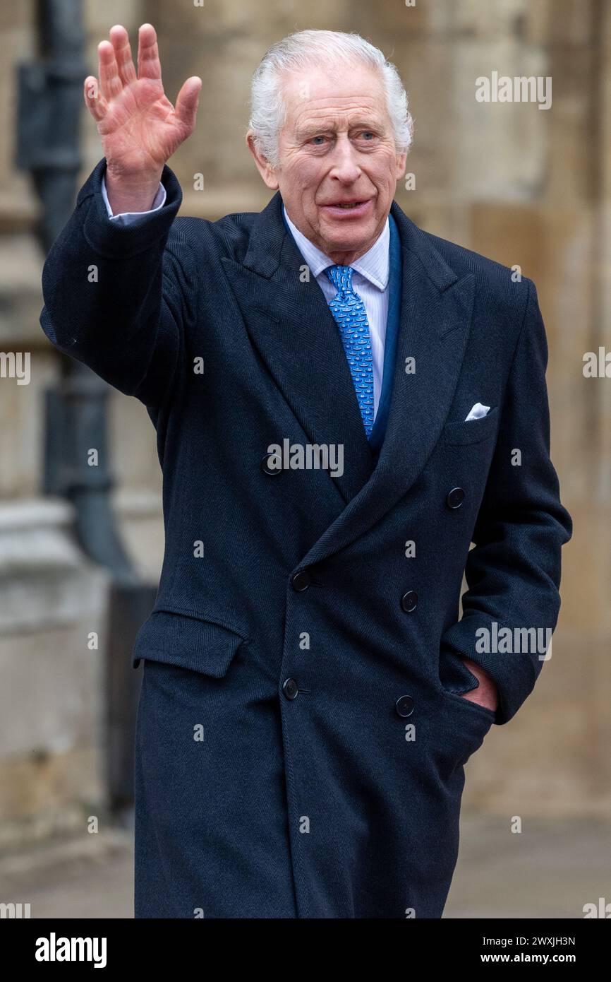 31/03/2024. Windsor, UK HRH Prince Charles III attends the Easter Sunday Service in St George’s Chapel at Windsor Castle. It was the first time King Charles III has made a public appearance since it was announced he has cancer and is undergoing treatment.  Photo credit: Ray Tang Stock Photo