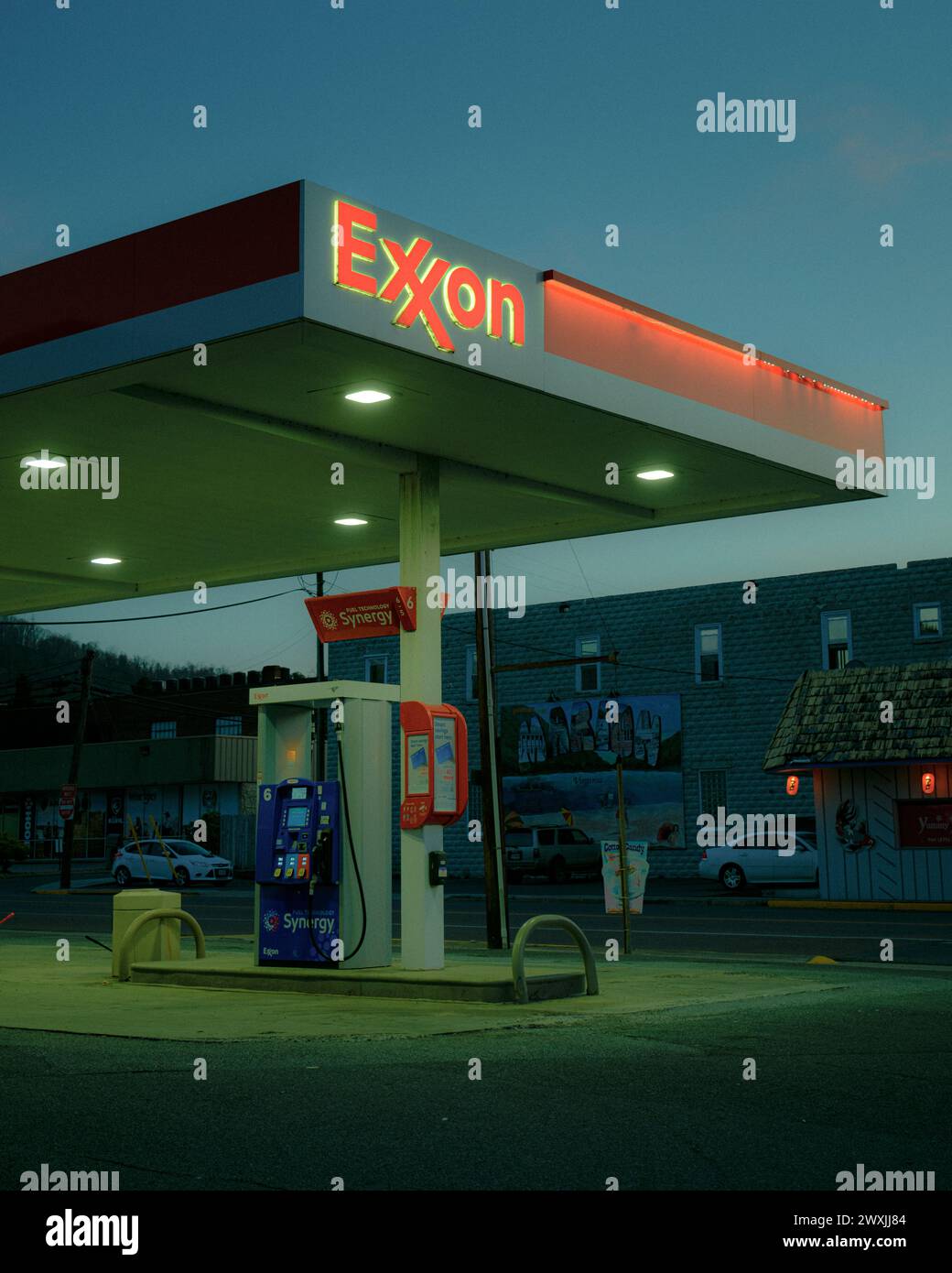 Exxon gas station at night in Marion, Virginia Stock Photo
