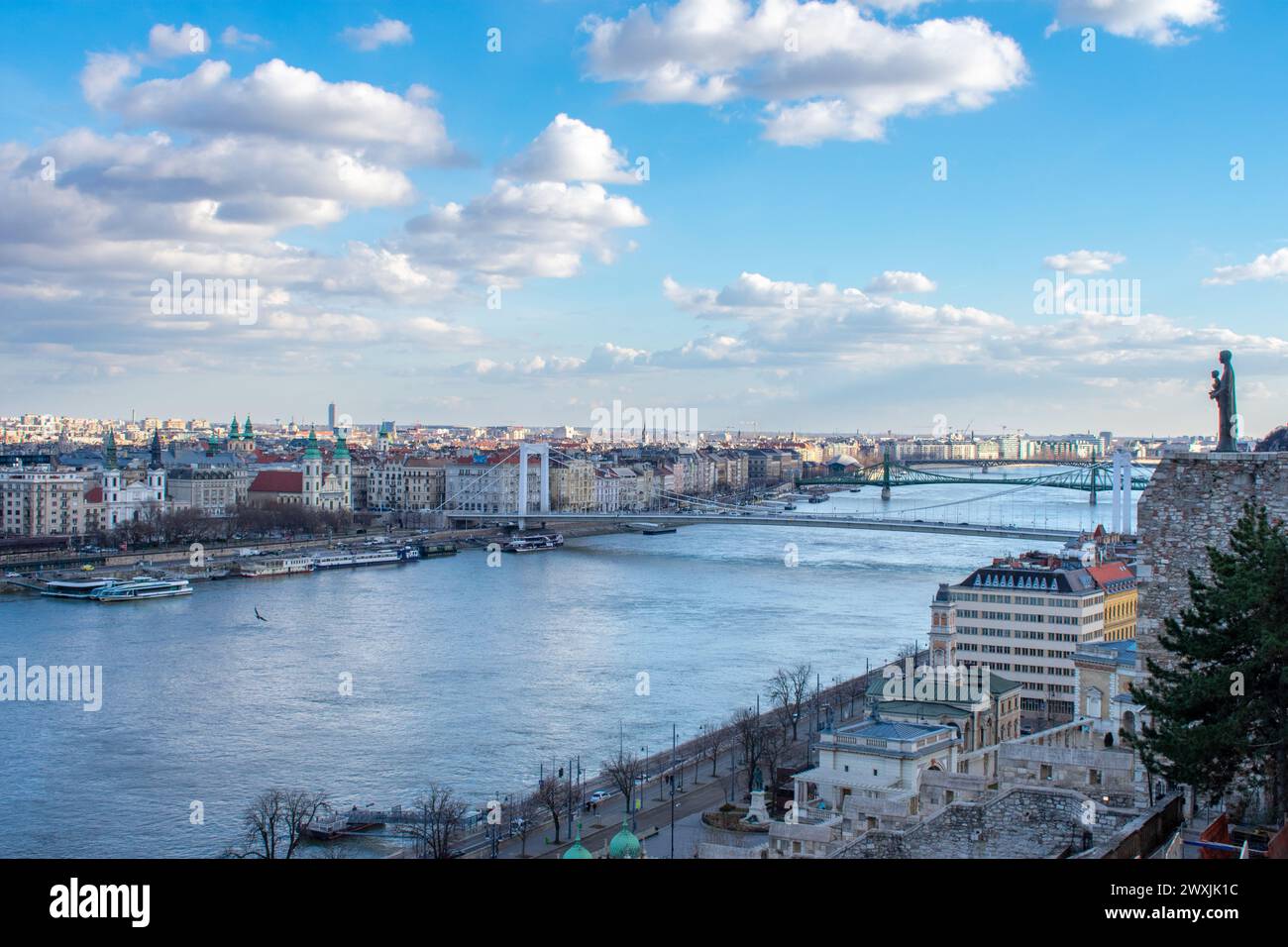 Aerial view on Danube River and buildings in City center of Budapest, Hungary. Drone photo, high angle view of town Stock Photo