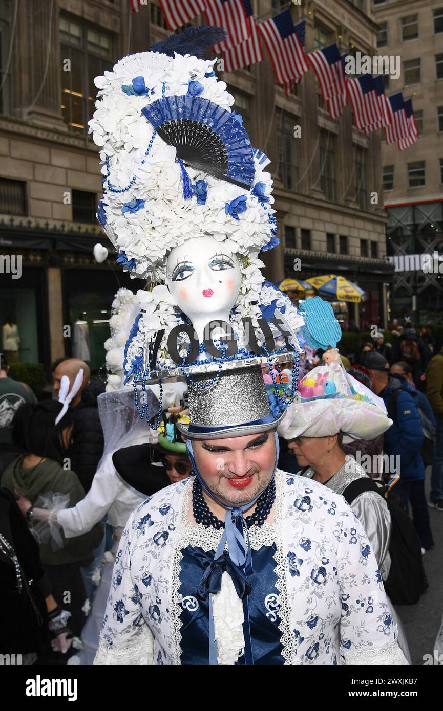 New York, USA. 31st Mar, 2024. Barry Brown wears a decorated hat while participating in the Easter parade outside Saint Patrick's Cathedral along 5th Avenue, New York, NY, March 31, 2024. (Photo by Anthony Behar/Sipa USA) Credit: Sipa USA/Alamy Live News Stock Photo