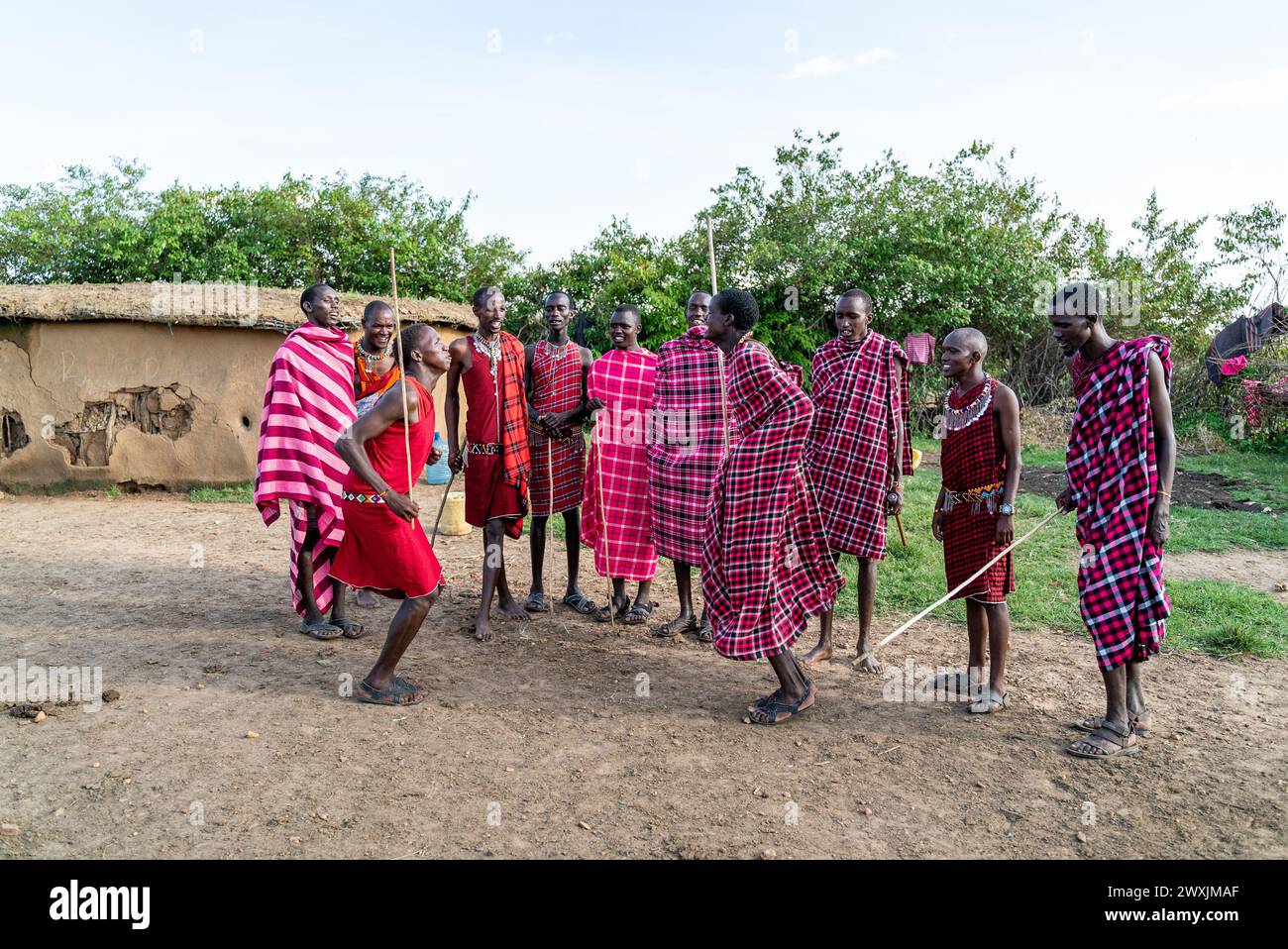 Masai tribe members jumping during ritual celebration in kenya masai ...