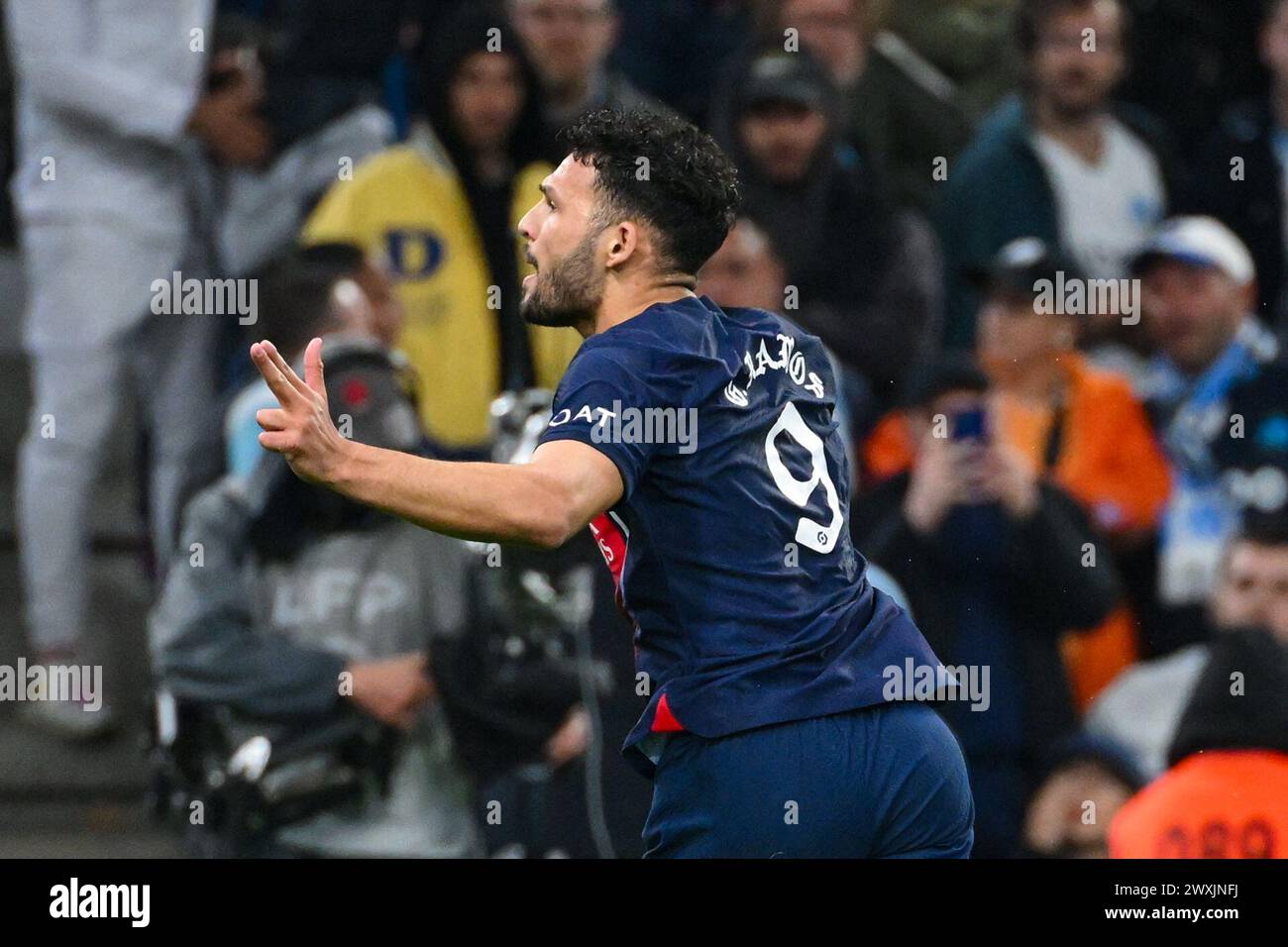 Marseille, France. 31st Mar, 2024. MARSEILLE, FRANCE - MARCH 31: Goncalo Ramos of Paris Saint-Germain celebrates after scoring the team's second goal during the Ligue 1 Uber Eats match between Olympique de Marseille and Paris Saint-Germain at Orange Velodrome on March 31, 2024 in Marseille, France. (Photo by Matthieu Mirville/BSR Agency) Credit: BSR Agency/Alamy Live News Stock Photo