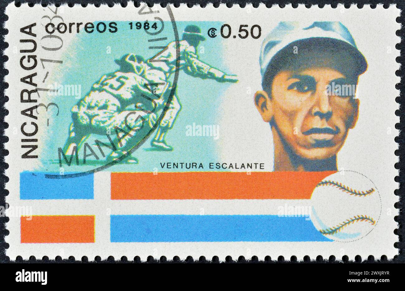 Cancelled postage stamp printed by Nicaragua, that shows Baseball Player Ventura Escalante (Dominican Republic), circa 1984. Stock Photo
