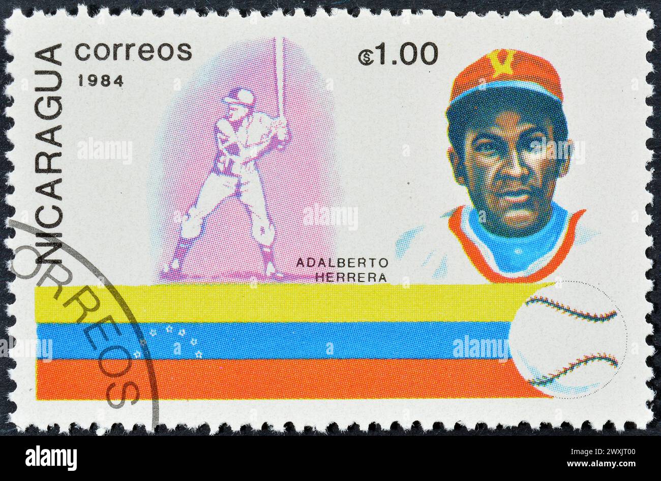 Cancelled postage stamp printed by Nicaragua, that shows Baseball Player Adalberto Herrera (Venezuela), circa 1984. Stock Photo
