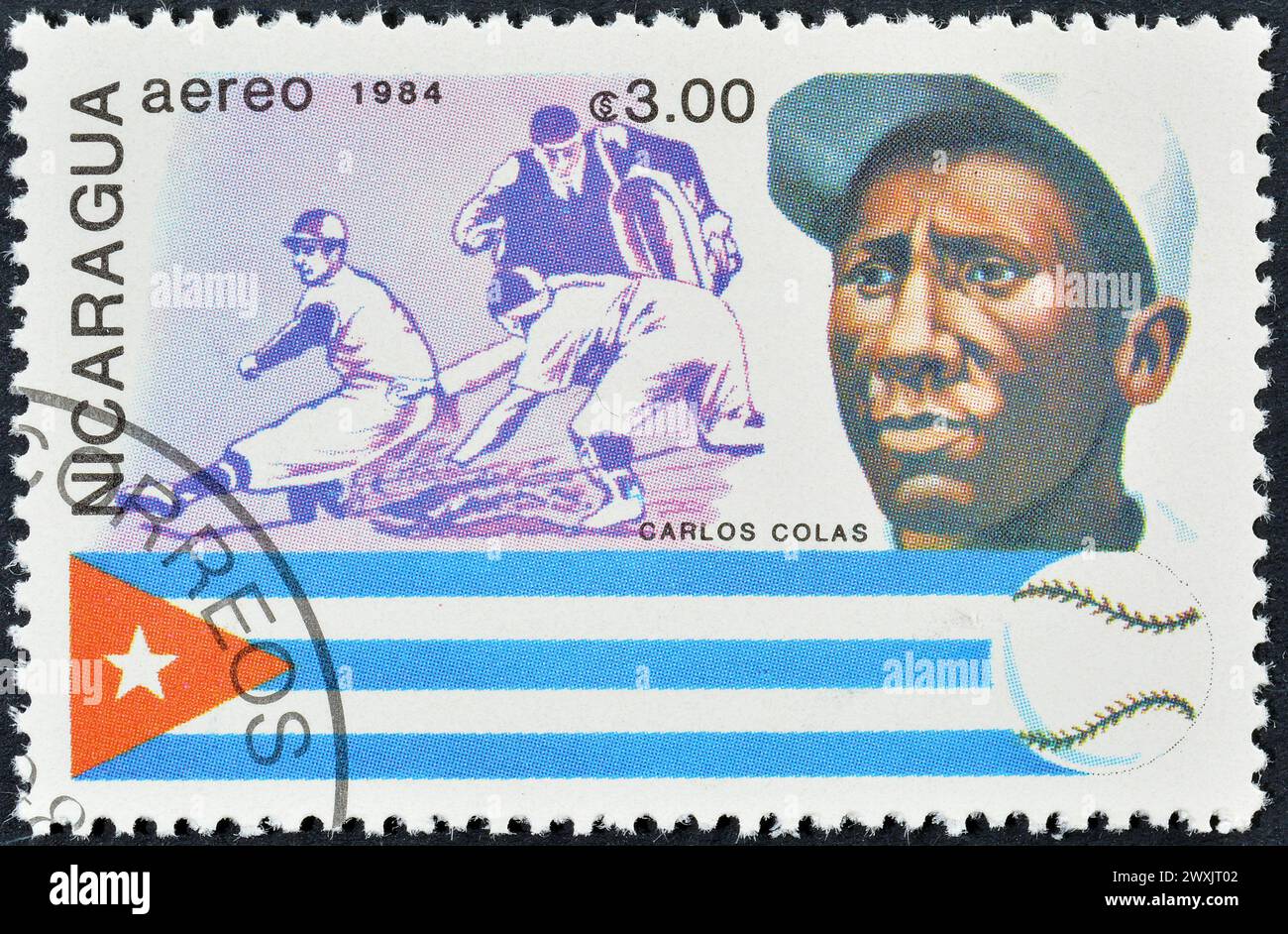 Cancelled postage stamp printed by Nicaragua, that shows Baseball Player Carlos Colas, circa 1984. Stock Photo