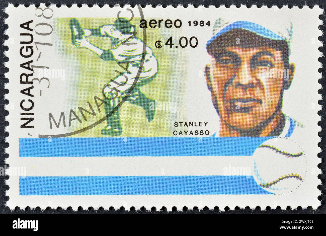 Cancelled postage stamp printed by Nicaragua, that shows Baseball Player Stanley Cayasso (Argentina), circa 1984. Stock Photo