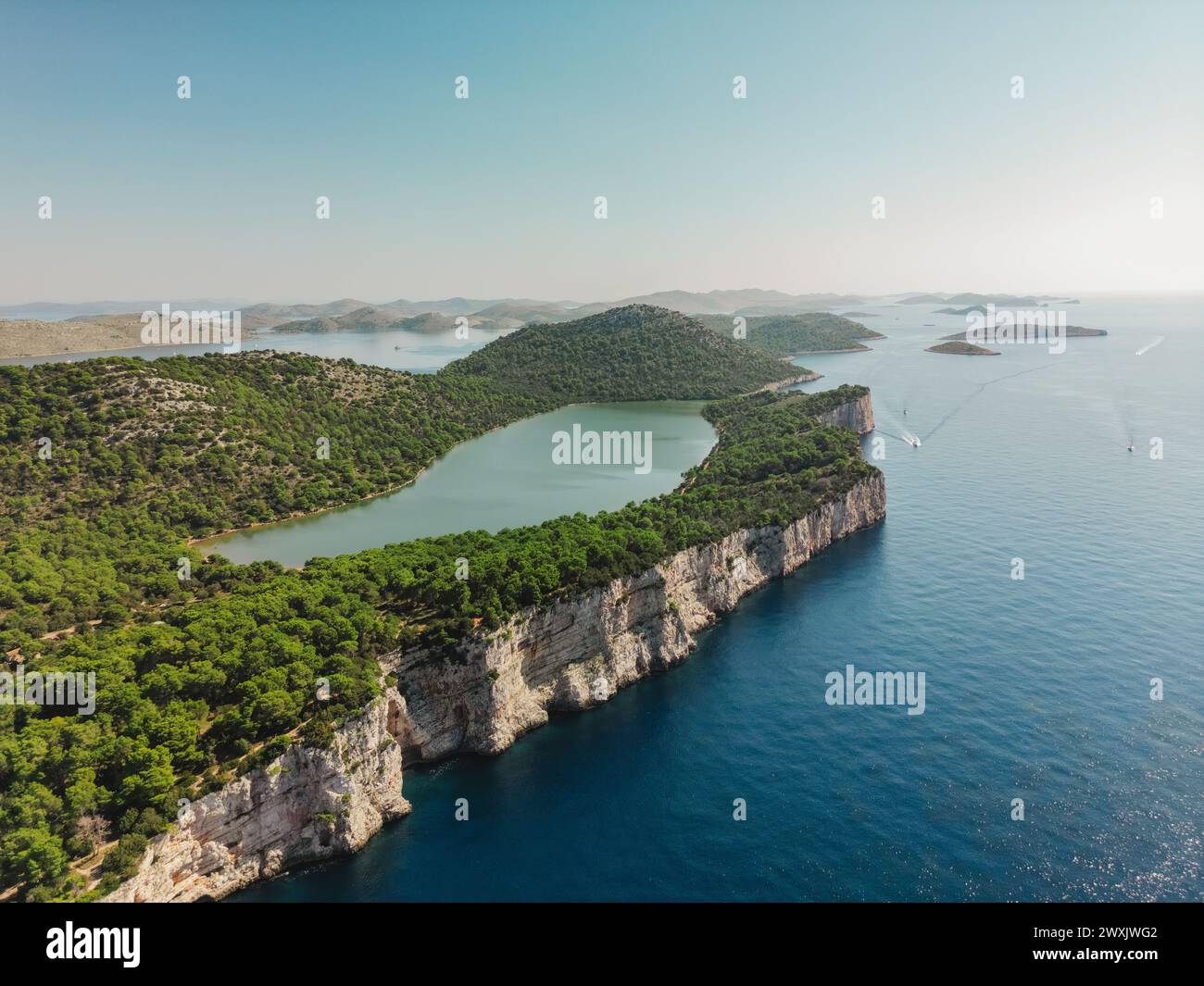 Aerial view of Telascica Nature Park with cliffs and forest, Mir salt ...