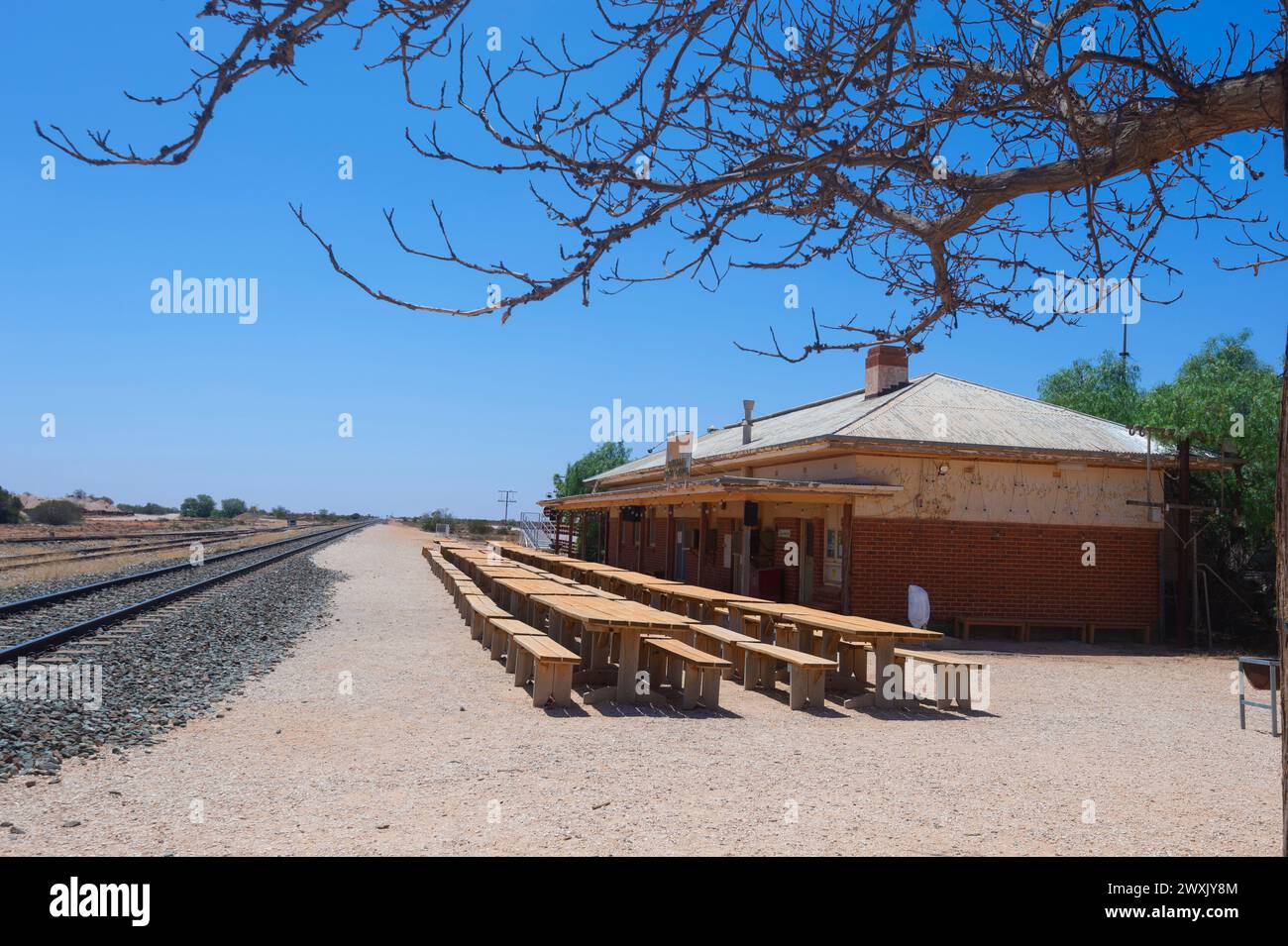 Rawlinna railway station, a tiny remote Outback town along the Indian Pacific Railway Line from Sydney to Perth, on the Nullarbor Plain, Western Austr Stock Photo
