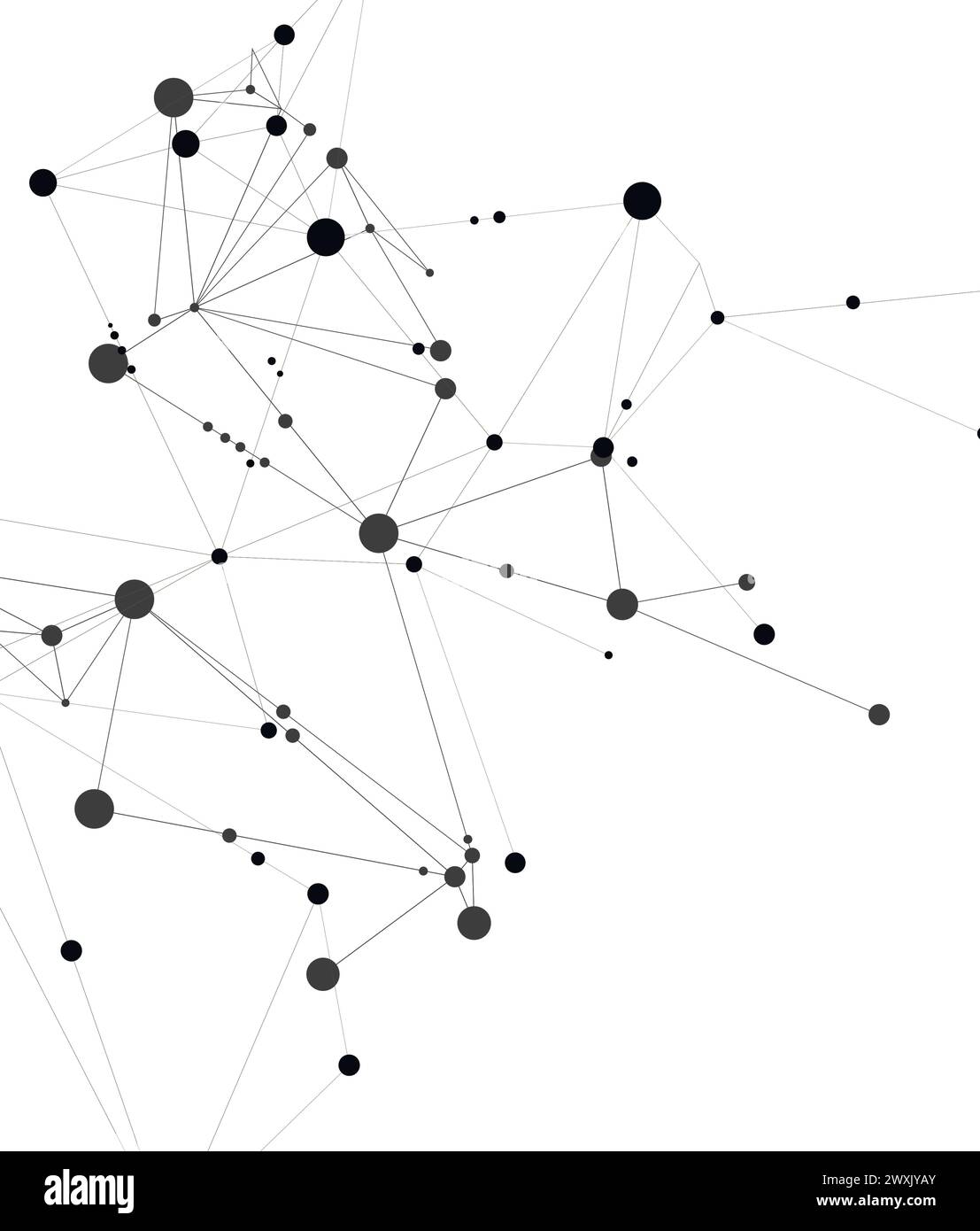 Stylish, polygonal pattern of connected black lines and dots on white ...