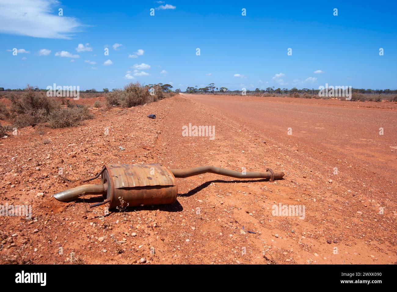 Lost car exhaust pipe along the Trans Access Road, a rough gravel road in the Nullarbor, Western Australia, WA, Australia Stock Photo