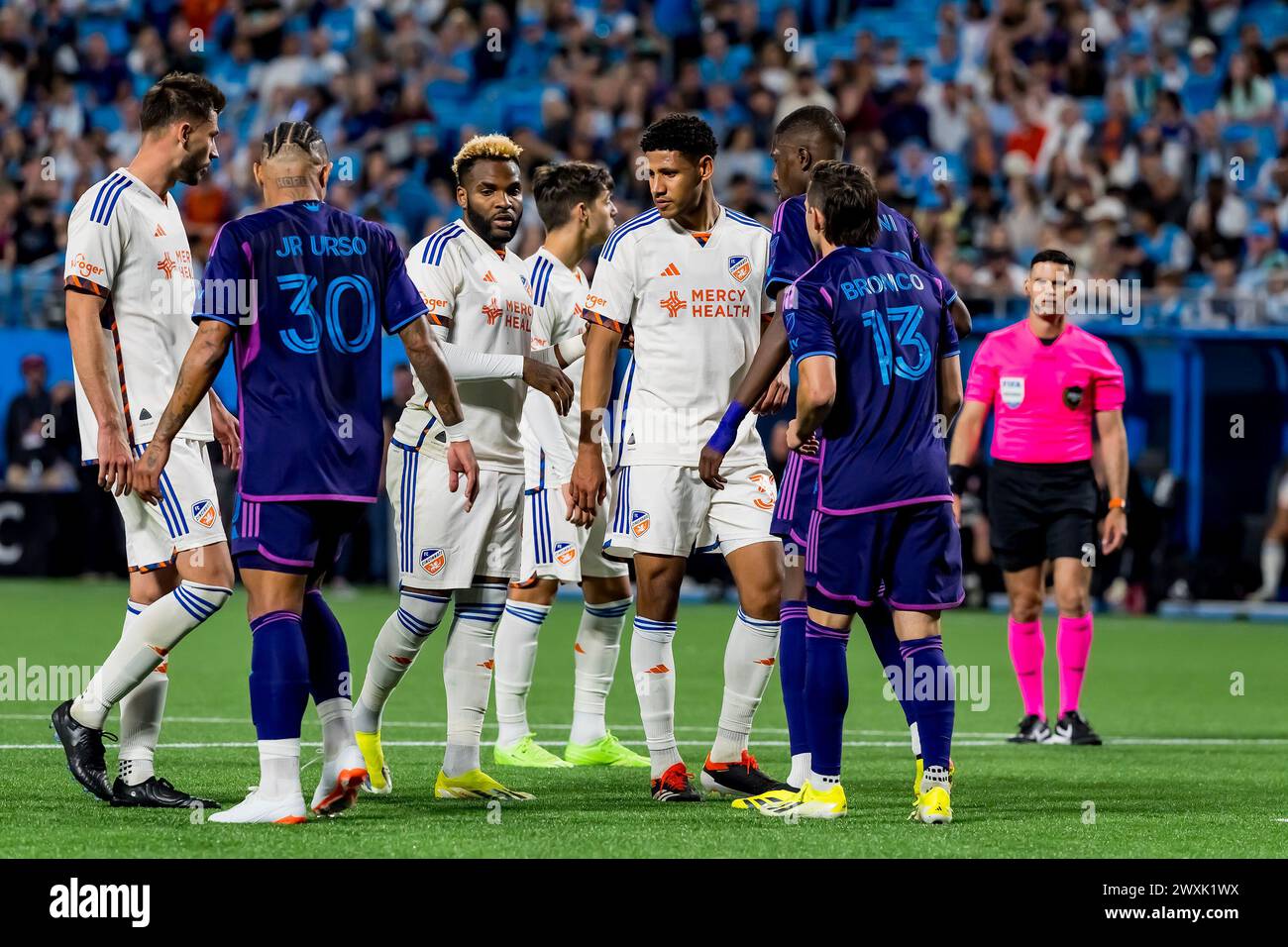 Charlotte, Nc, USA. 30th Mar, 2024. FC Cincinnati Attacker AARON BOUPENDZA fights for position during the Charlotte FC Vs FC Cincinnati at Bank of America Stadium in Charlotte, NC. (Credit Image: © Walter G Arce Sr Grindstone Medi/ASP) EDITORIAL USAGE ONLY! Not for Commercial USAGE! Stock Photo
