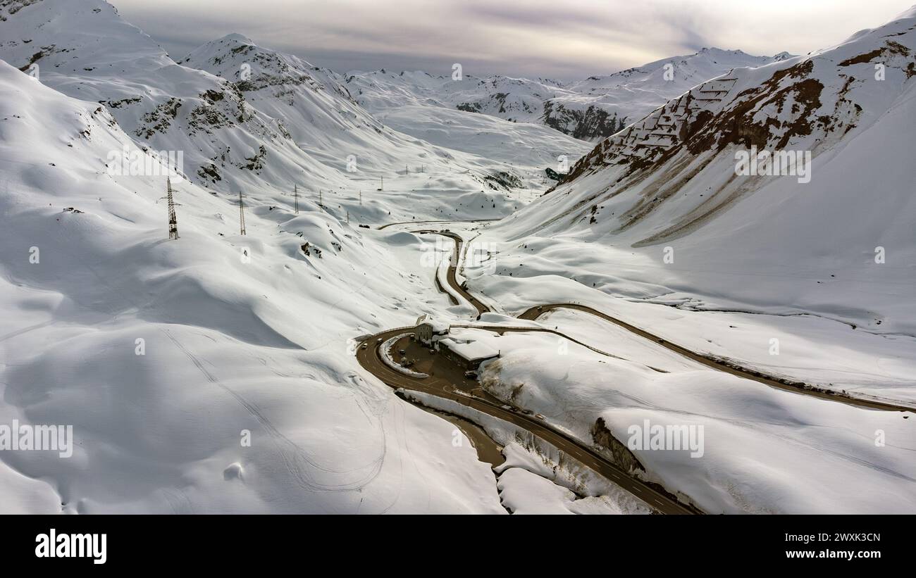 Aerial view of the top of the Swiss Julier Pass in March Stock Photo