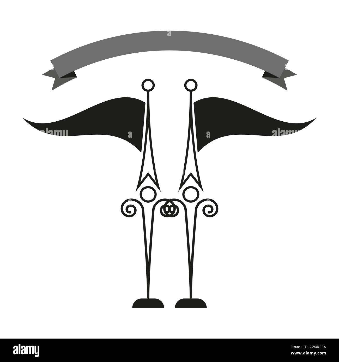 Medieval banner and swords emblem. Heraldic symbol design. Knightly weapon insignia. Vector illustration. EPS 10. Stock Vector