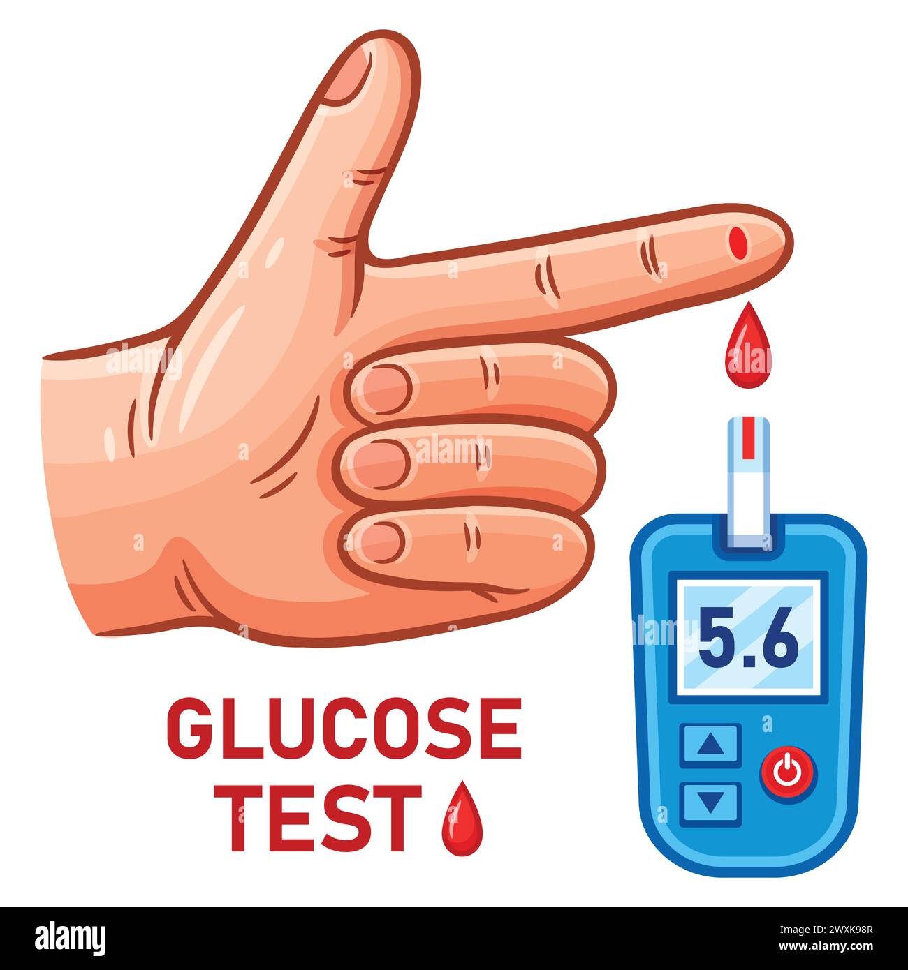 Glucometer, blood glucose test meter, sugar level medical measuring from finger hand, diabetes insulin monitoring health care electronic device vector Stock Vector