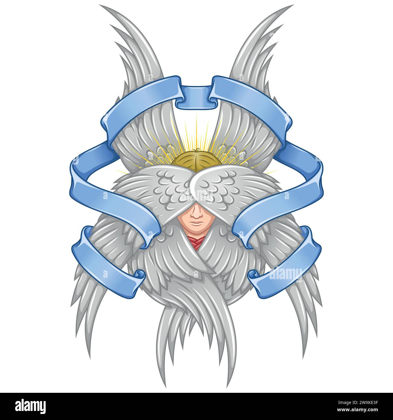 Vector design of Angel with six wings and ribbon, angelic face of the Catholic religion, winged archangel and surrounded with celestial scroll Stock Vector