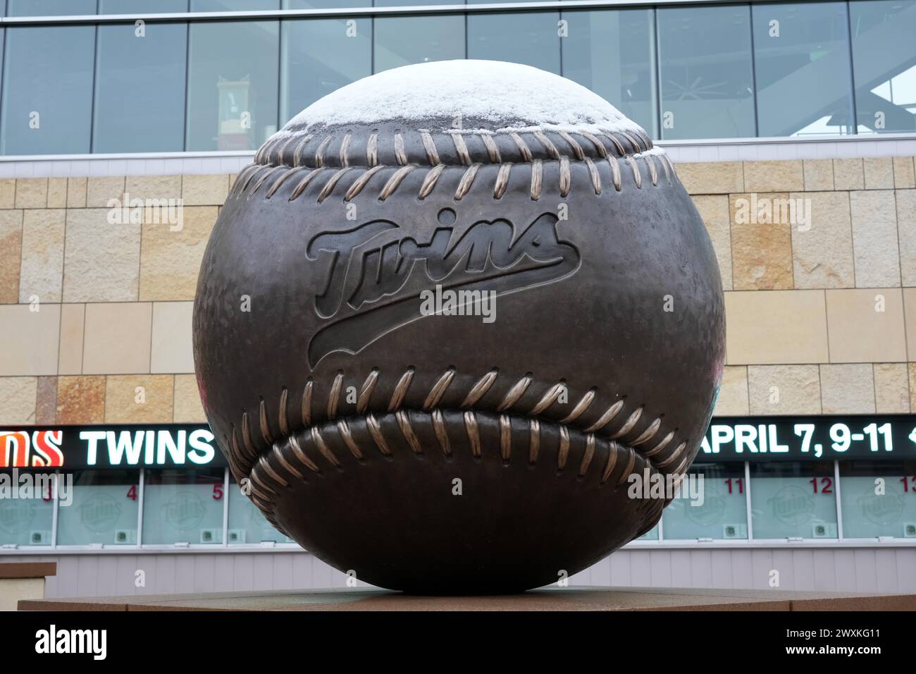 A Baseball with the Minnesota Twins logo at Target Field, Monday, April ...