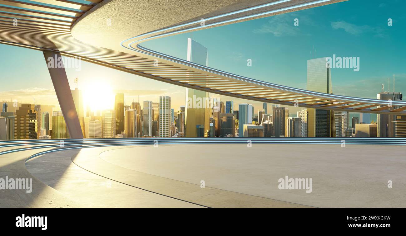 The building features unique and contemporary with clean lines and geometric shapes. 3D rendering Stock Photo