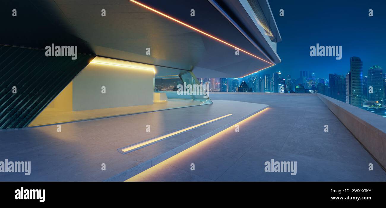 Wide-angle view of futuristic city building with illuminated lights against the evening sky. 3D render Stock Photo