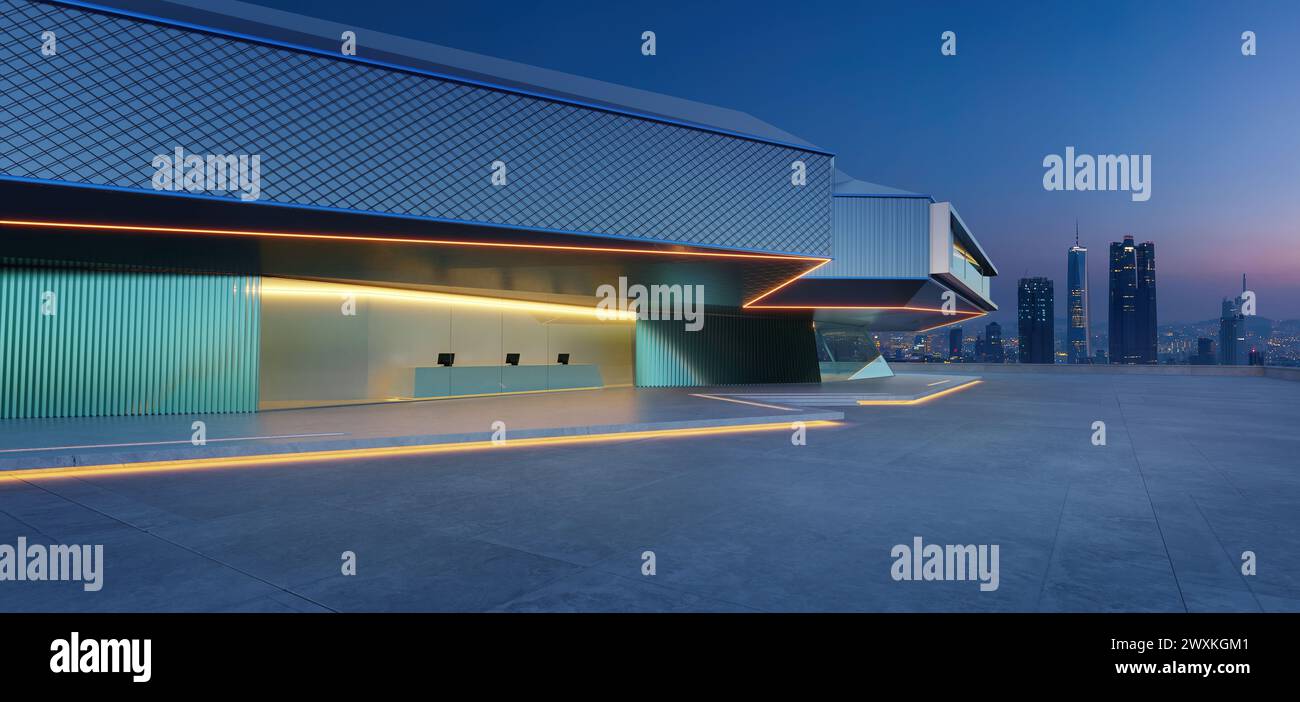 Panoramic view of a modern building facade against a city skyline during dusk. 3D render Stock Photo