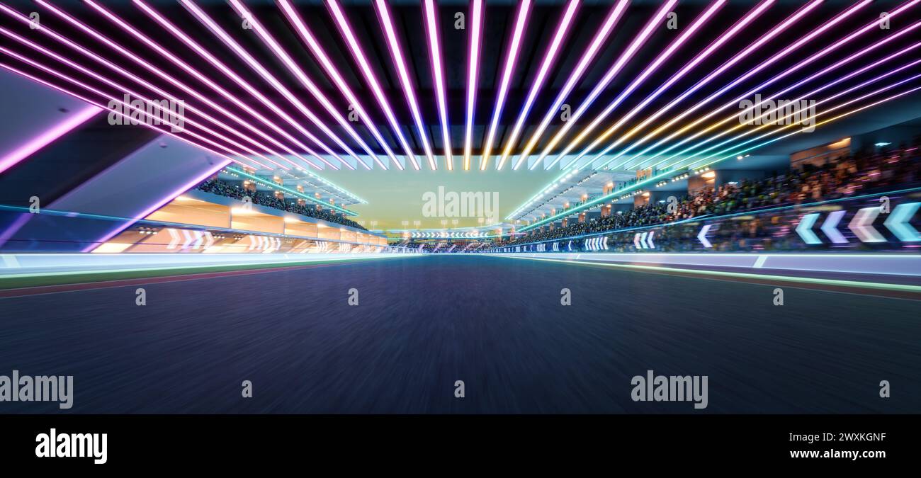 Empty modern racing circuit illuminated with vibrant led lights under a dusk sky. 3D render Stock Photo