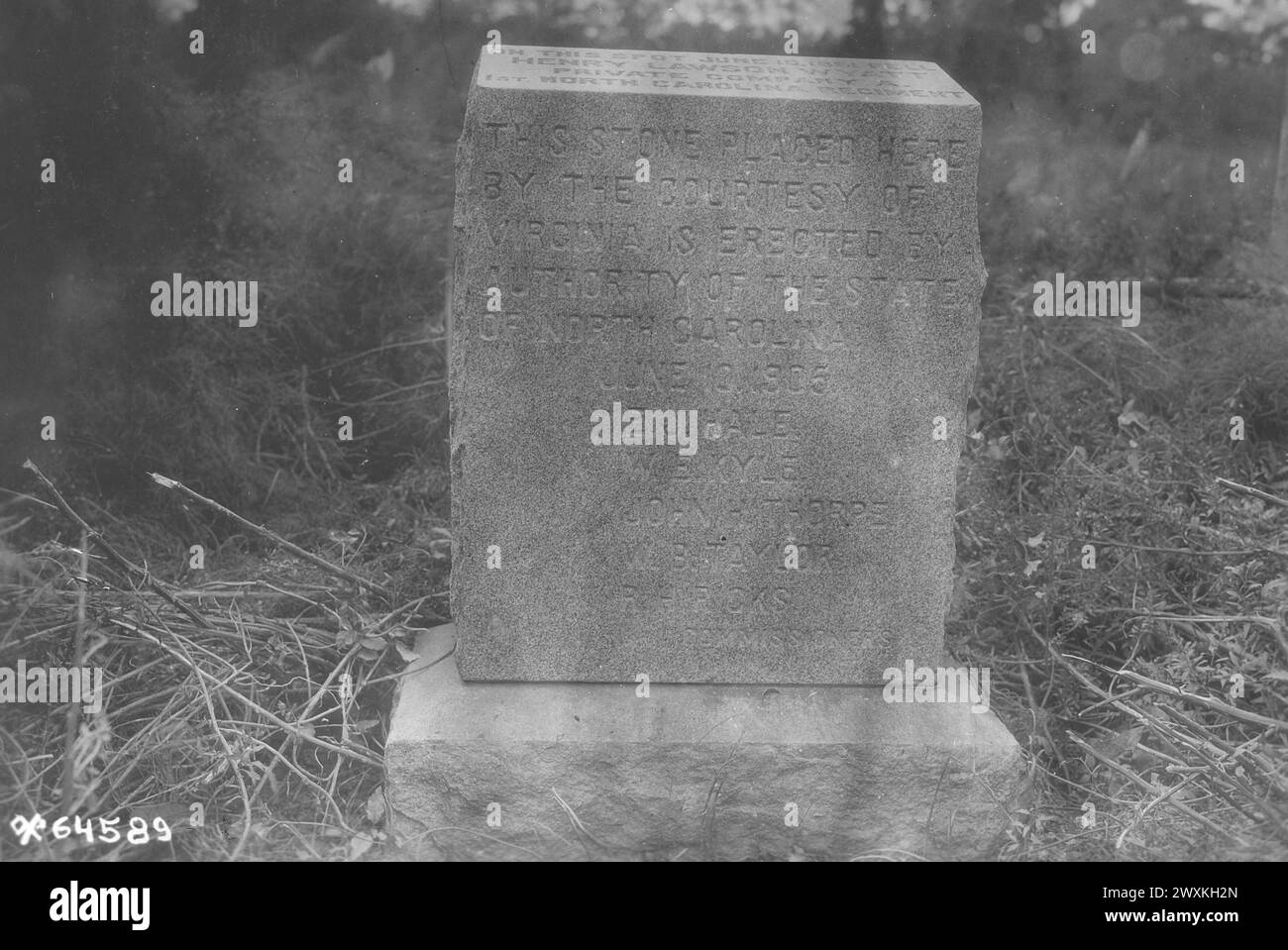 A monument marking the spot where the first Confederate soldier fell. June 10th, 1861. (Inscription) On this spot fell Henry Wyatt, Pvt., Co. A., 1st North Carolina Volunteers. This stone placed here by the courtesy of Va. is erected by authority of the State of North Carolina. June 10th, 1905 ca. 1919 Stock Photo