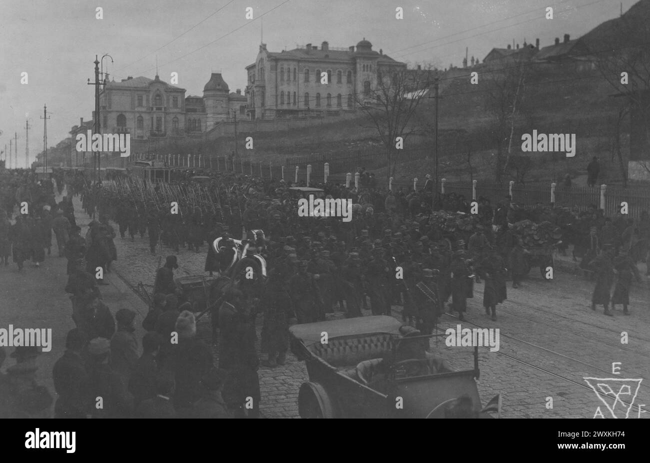 Czecho-slovak troops on parade, Vladivostock, Russia, Siberia ca. December 1919 Stock Photo