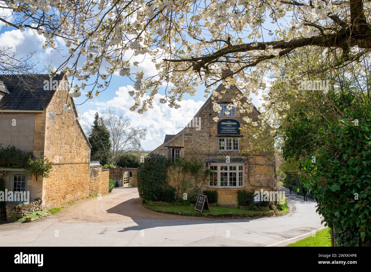 The Ebrington Arms and cherry tree blossom in spring. Ebrington, Chipping Campden, Gloucestershire, England Stock Photo
