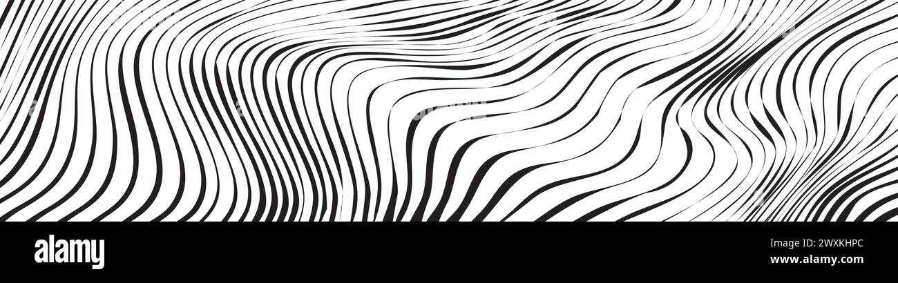 Striped waves drawn in ink. Abstract geometric background with monochrome water surface texture. Vector illustration of diagonal curved lines. Black Stock Vector