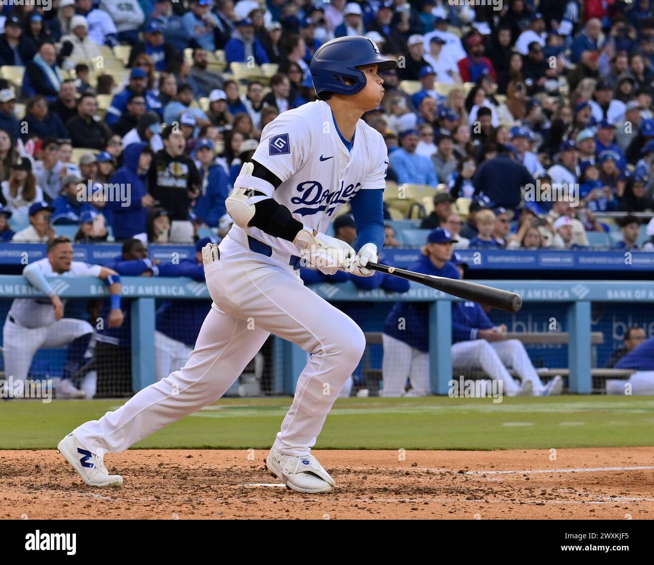 Los Angeles, United States. 31st Mar, 2025. Los Angeles Dodgers DH Shohei Ohtani hits a double