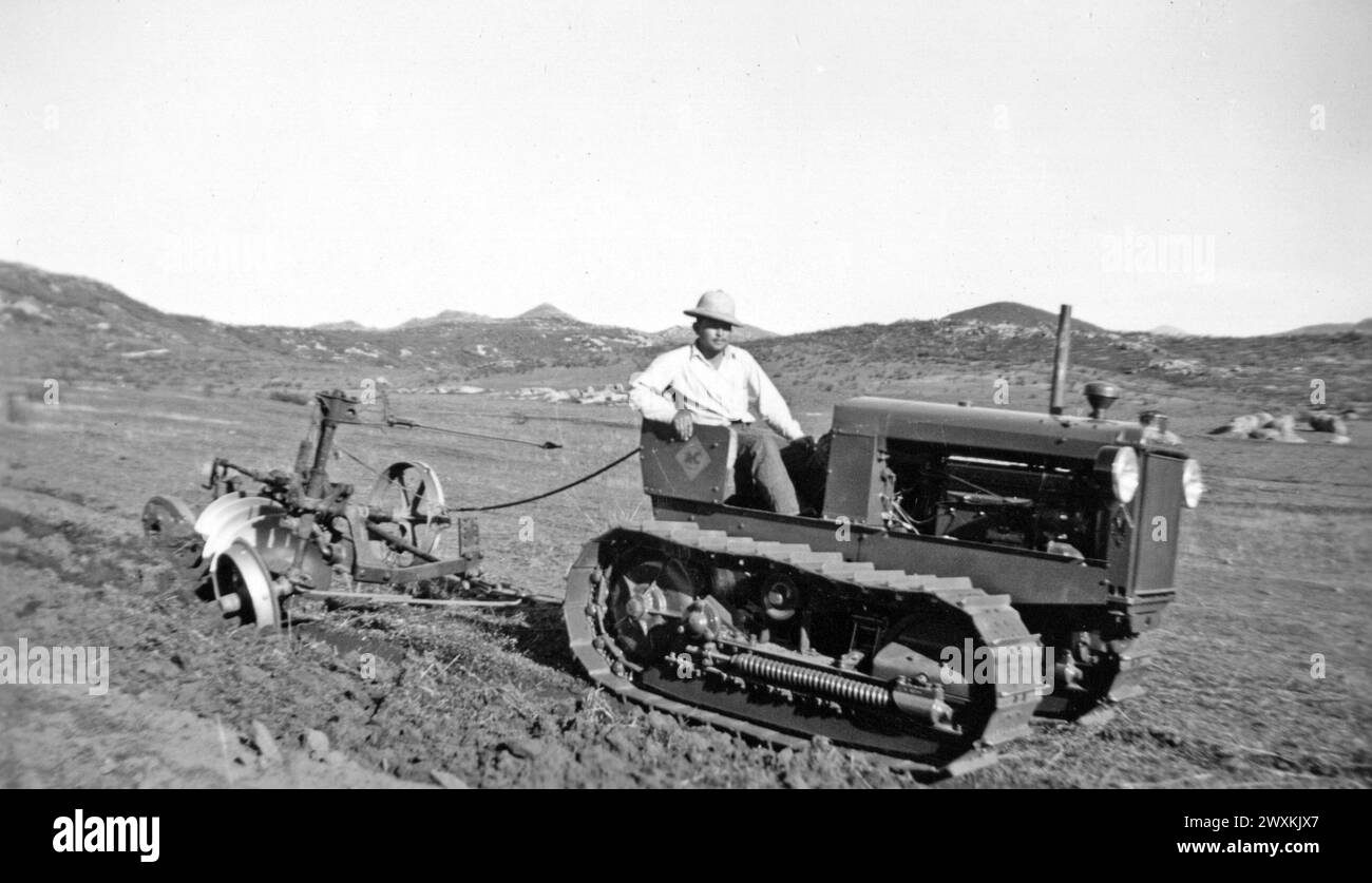 Photograph of New Model WM Allis-Chalmers Tractor and Equipment Tilling Farmland at Capitan Grande ca. 1937 Stock Photo