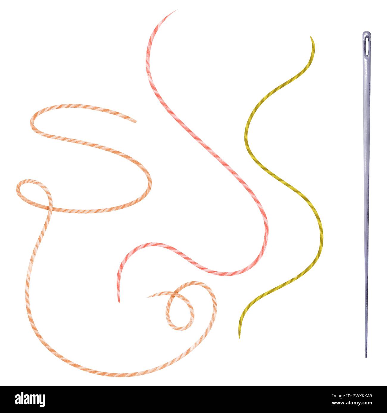 A set of steel needles and various threads in orange, pink, and green ...