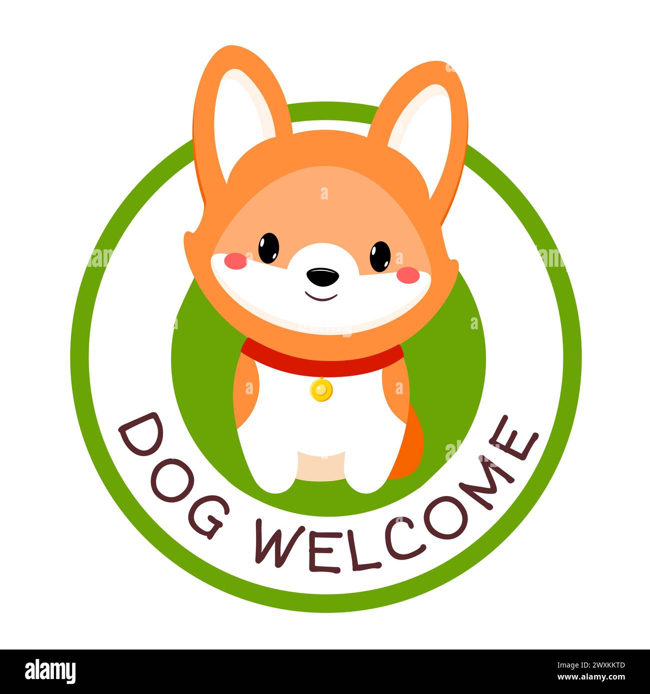 Pet friendly vector label. Stamp or sticker with dog friendly text. Kawaii corgi puppy inside circle. Vet clinic, shop label, sticker. Inscription Dog Stock Photo