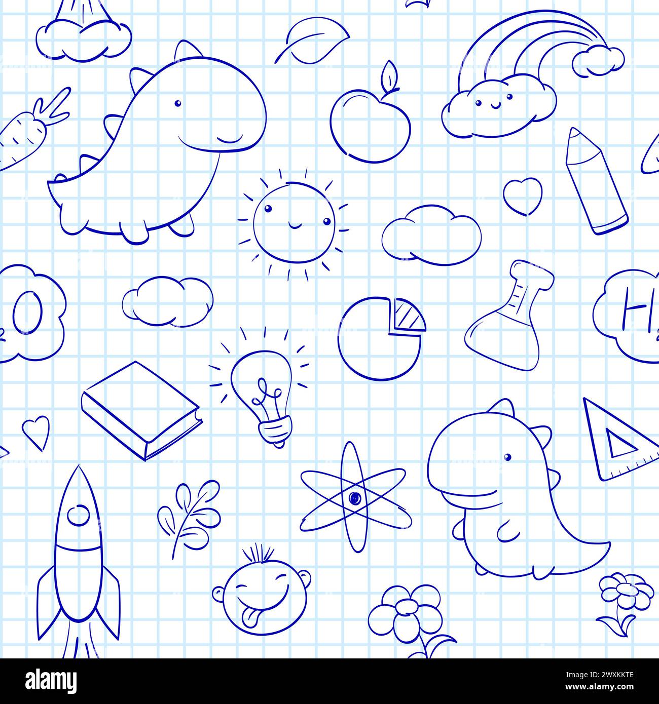 Back to school. Seamless pattern with cute hand drawn sketches. Endless pattern with funny sketch on notebook page. Endless texture can be used for te Stock Photo
