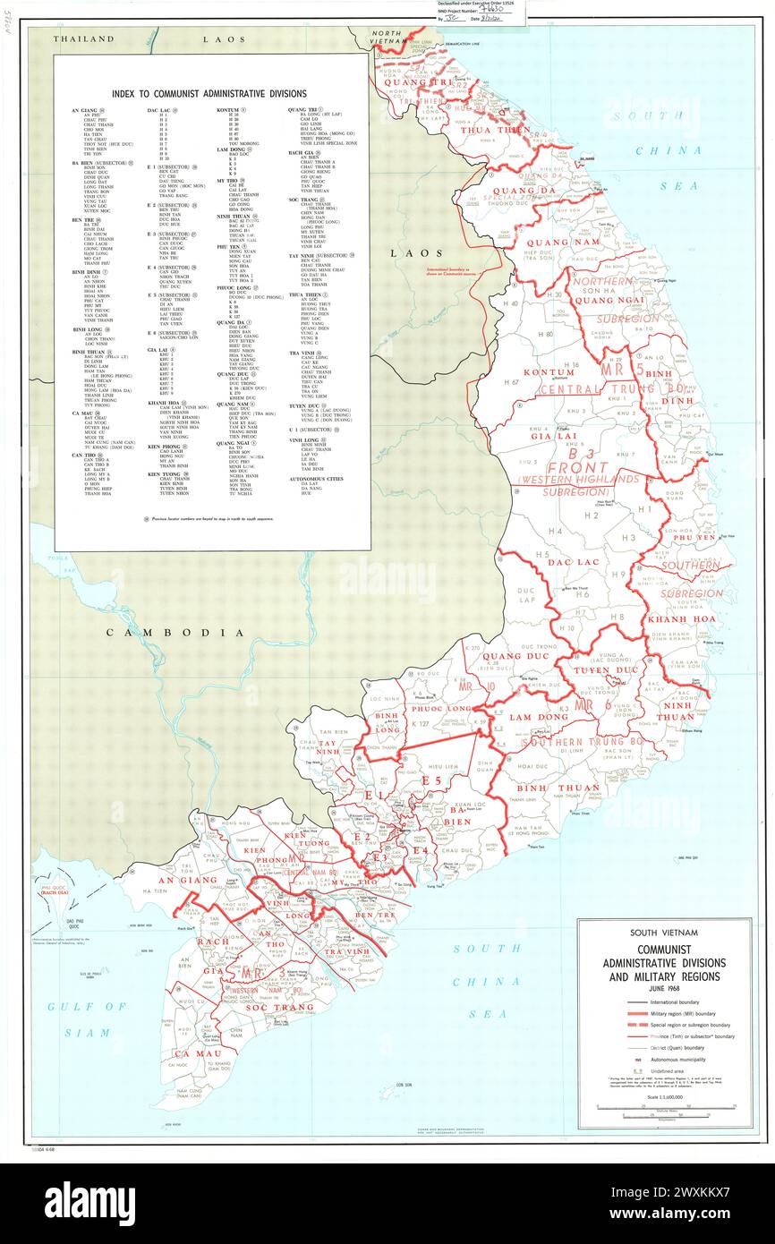 CIA Map of South Vietnam - Communist Administrative Divisions and Military Regions ca. 1968 Stock Photo
