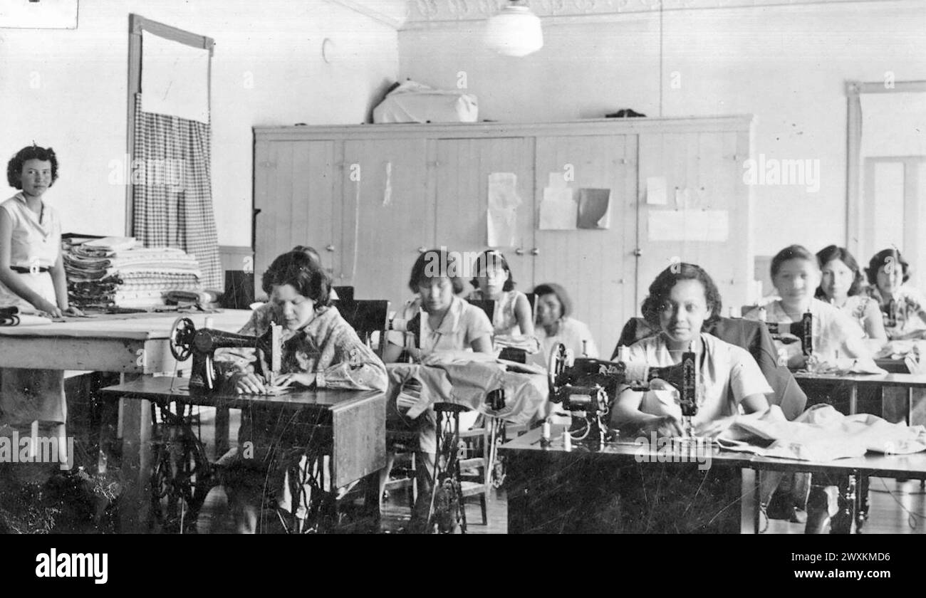 Girls in a sewing class in an Indian school in South Dakota ca. 1930s