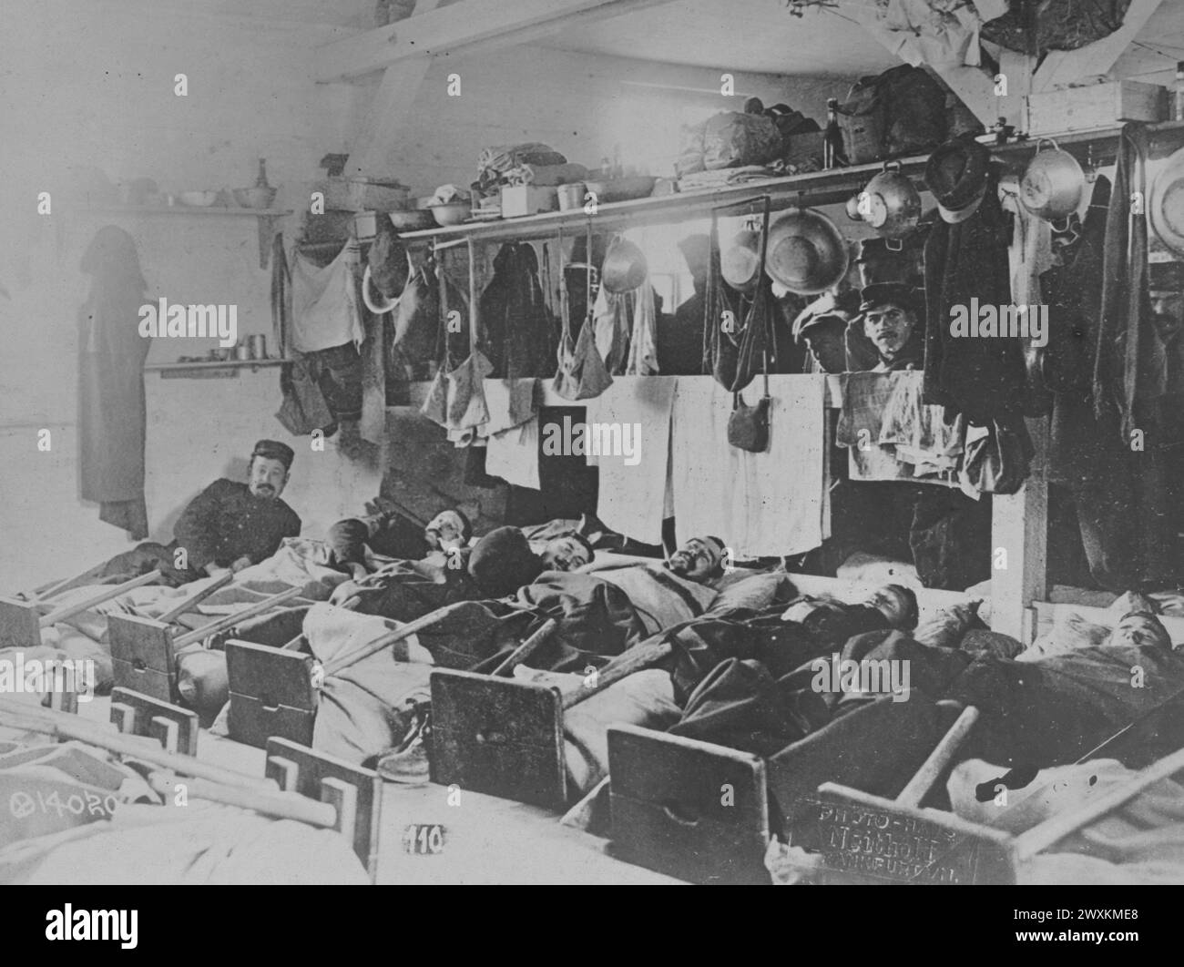 (original caption) French soldiers in a POW barracks after being taken prisoner by the German army. This POW barracks was in Darmstadt, Germany ca. 1918 Stock Photo