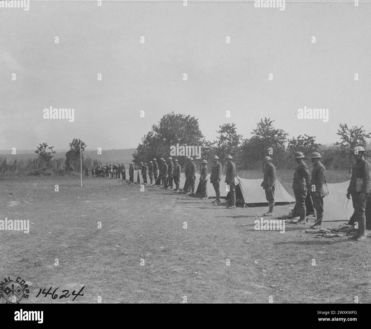Soldiers inspected with their pup tents, Company E, 165th Regiment, Infantry, 42nd Division, Neufmaison France ca. 1918 Stock Photo