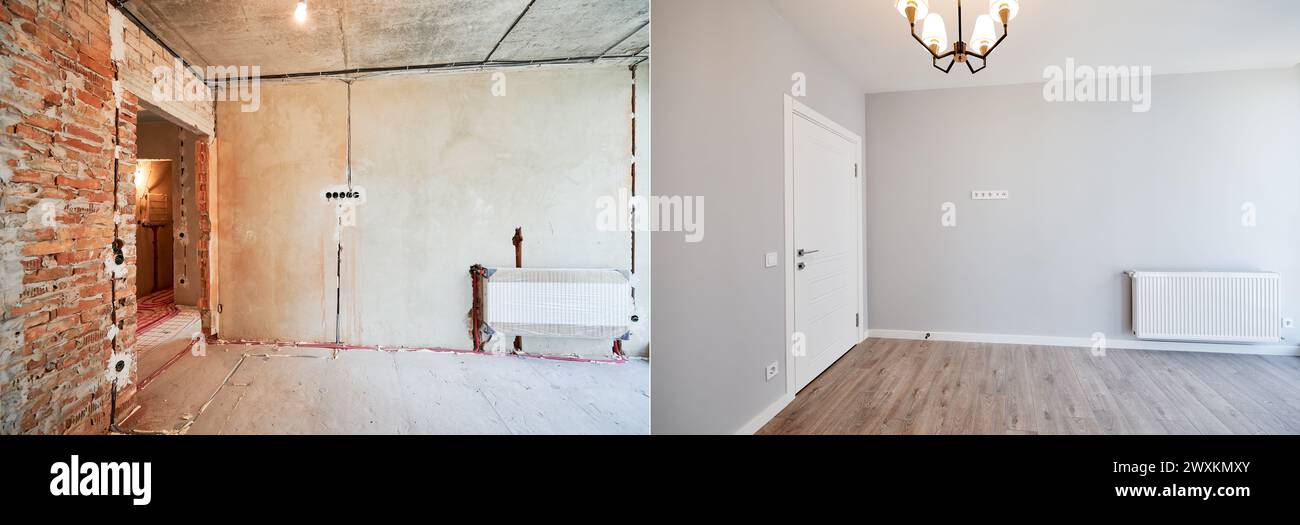 Photo inspiration: Visual Reference: Photo Collage Of Apartment Room Before And After Restoration Or