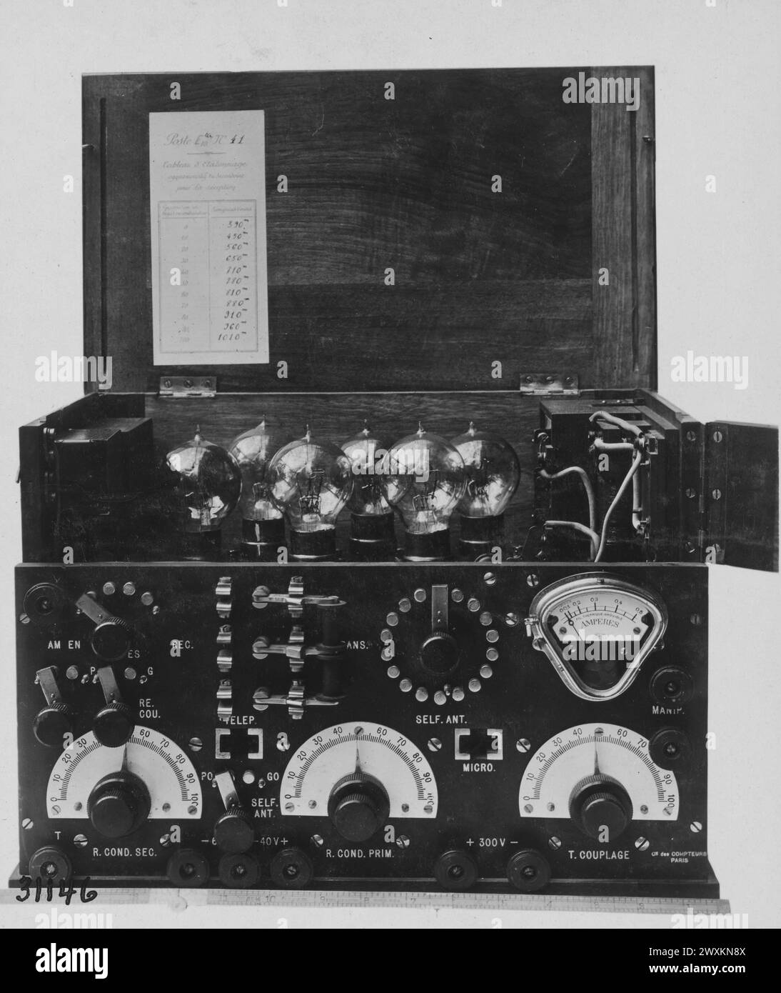 Close up of the rear view of a long wave Marconi radio receiver for