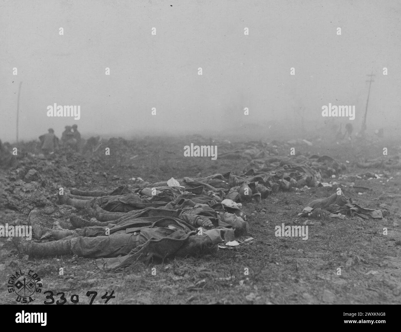 World War I Photos: Americans of the 79th Division killed in action near Etraye ready for burial on Molleville farm near Etraye, Meuse, France ca. 1918 Stock Photo