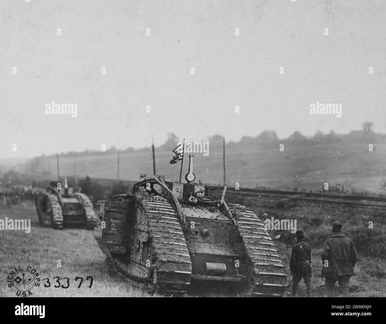 Tanks from the 301st Tank Battalion going into action at Souplet on the morning of October 17, 1918. Note the American flag on top of the first tank. Stock Photo