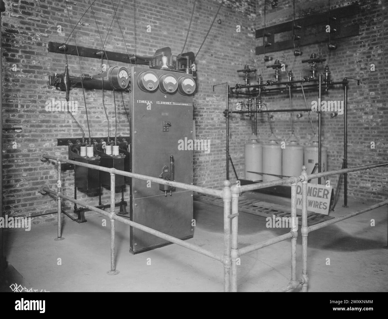 Port Newark Terminal, NJ - Interior of electric substation showing lightning arresters and high tension control board ca. 1919 Stock Photo